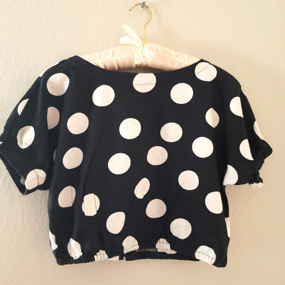 Women's Tabitha Brown Crop Top Black White Polka Dot Size M Linen